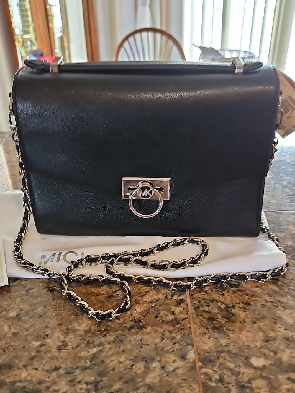 Michael Kors Hendrix Black Leather Crossbody with Silver Chain
